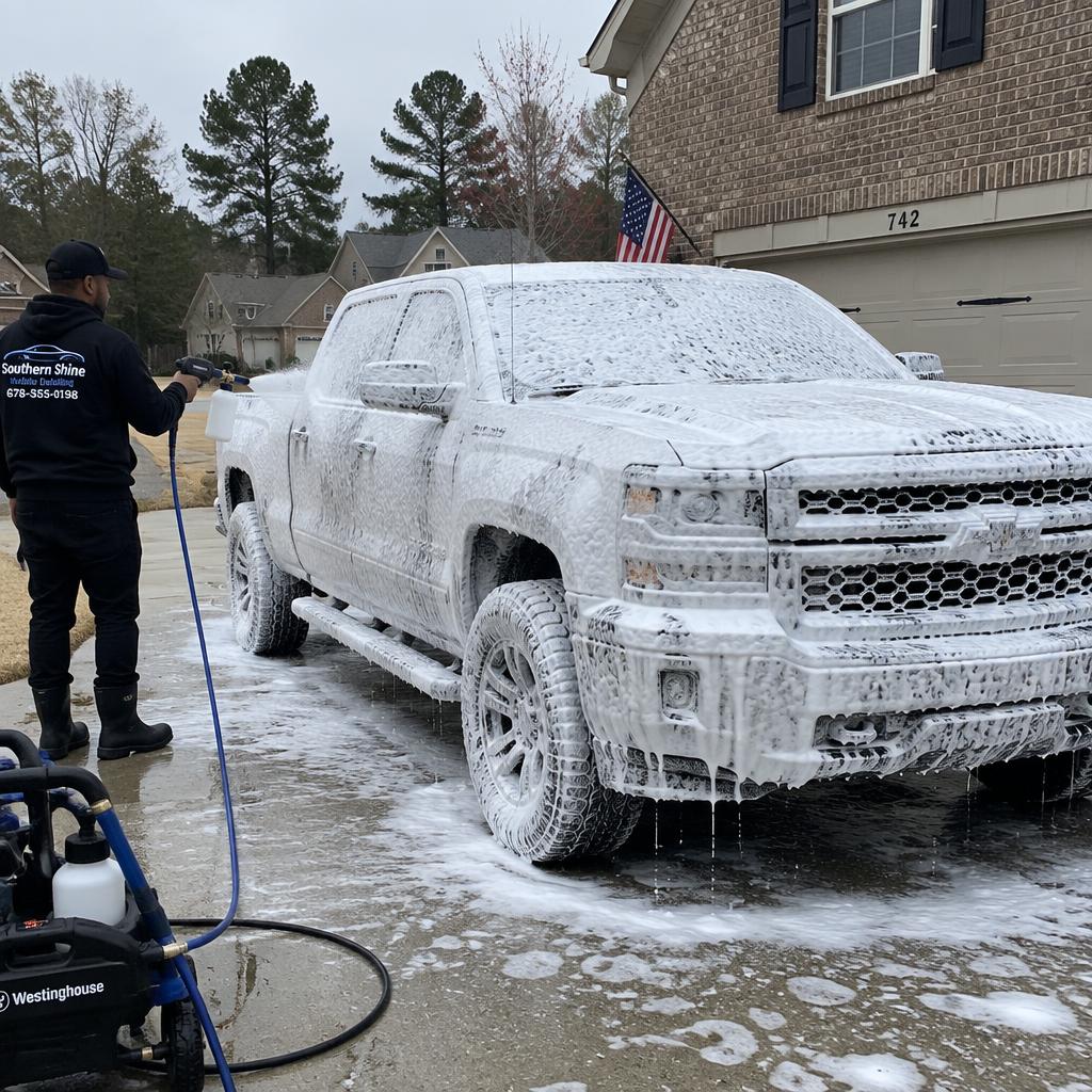 Pickup truck covered in foam during mobile wash