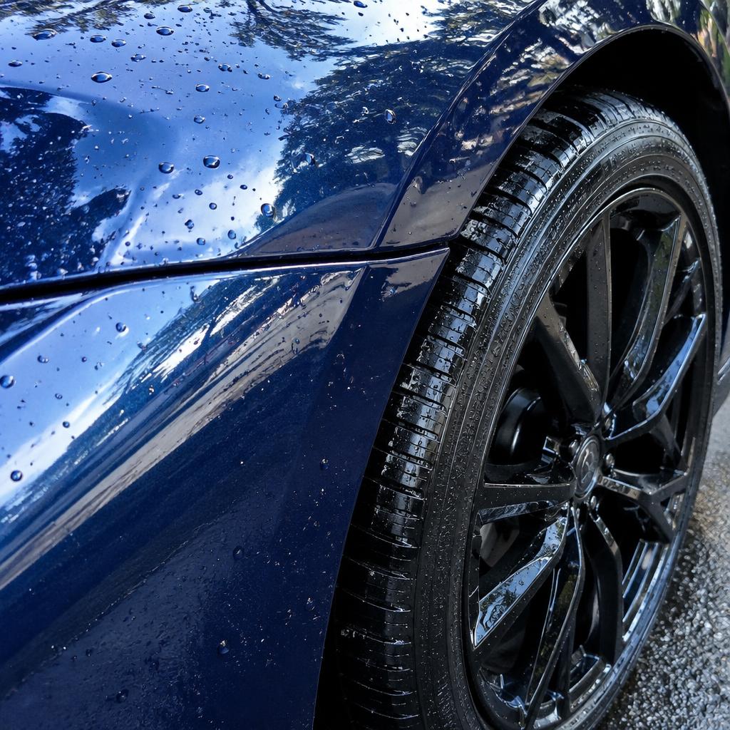 Beaded water on polished blue paint and black wheel